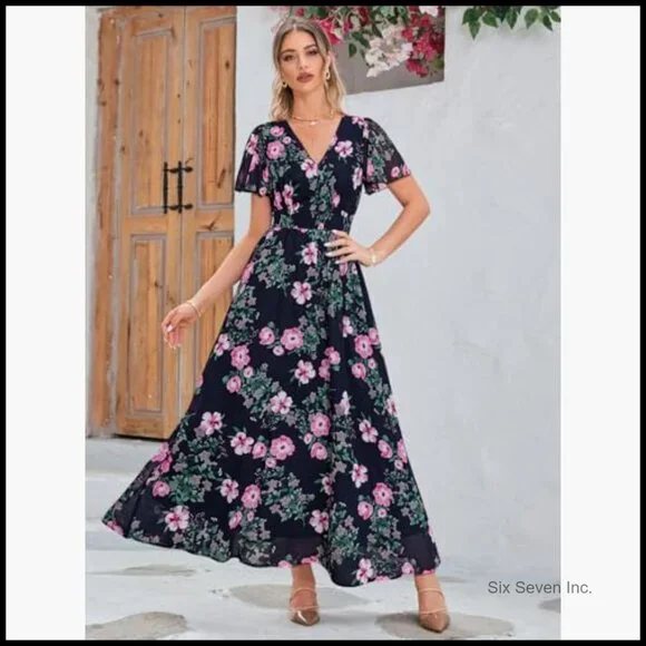 Polyester Boho Floral Maxi Dress V Neck Short Sleeve Wedding Guest Holiday Beach - Picture 4 of 4